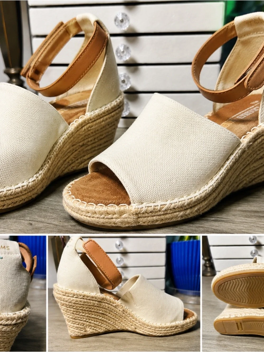 TOMS Cream Canvas Espadrille Sandals with Tan Ankle Strap